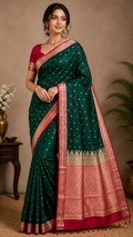 Emerald Green Banarasi Silk Saree, Rose Gold Zari Woven Border, Indian Wedding Festive Wear