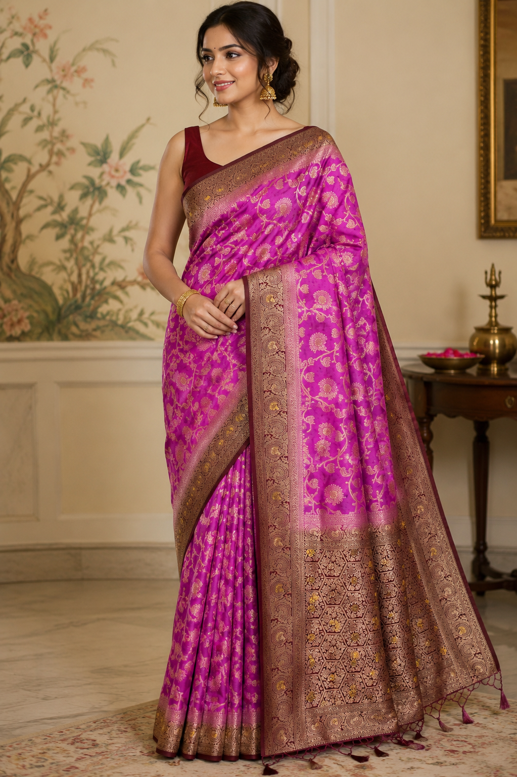 Magenta Dola Silk Saree, Banarasi Zari Woven Floral, Indian Wedding Festive Wear