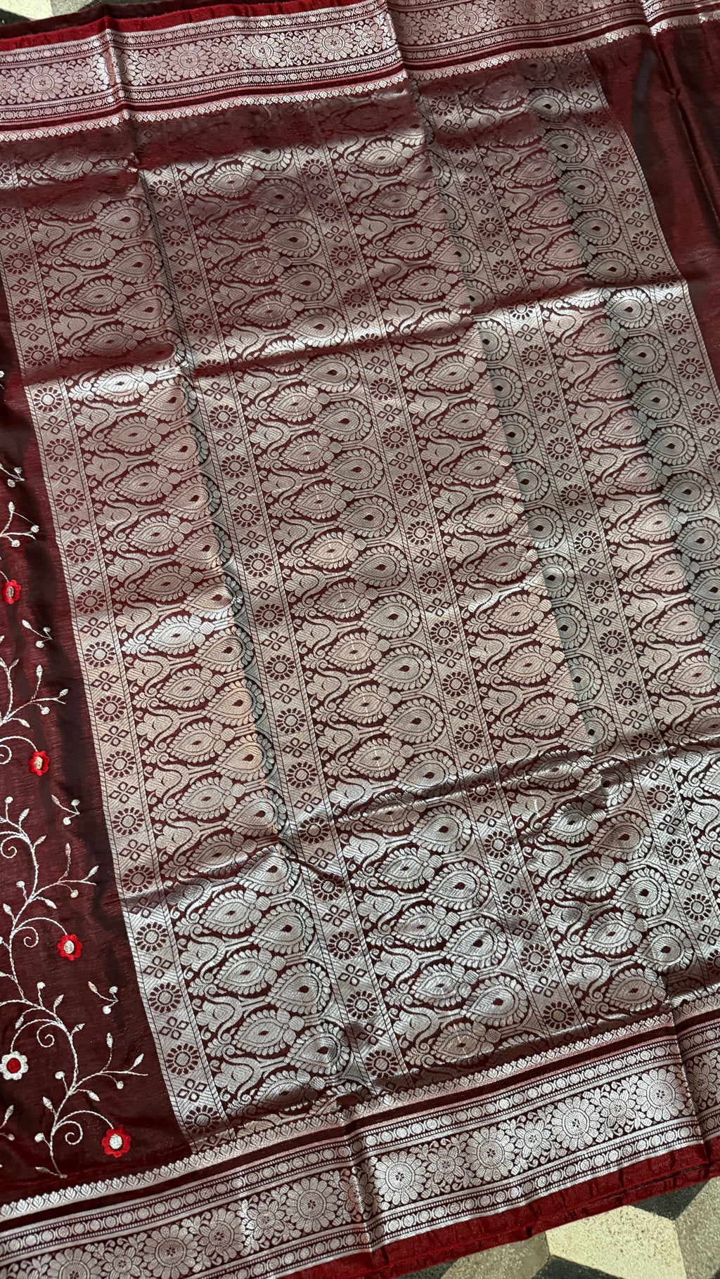 Wine Satin Silk Saree, Floral Vine, Silver Border, Paisley Pallu (Wedding Wear)