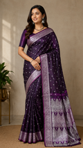 Purple Satin Silk Saree, Silver Zari Border, Indian Wedding Festive Wear