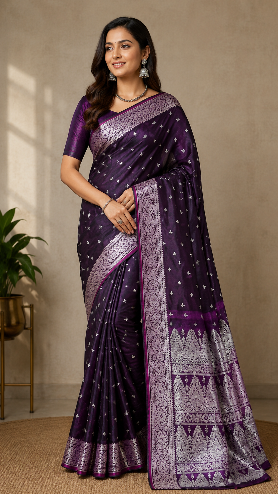 Purple Satin Silk Saree, Silver Zari Border, Indian Wedding Festive Wear