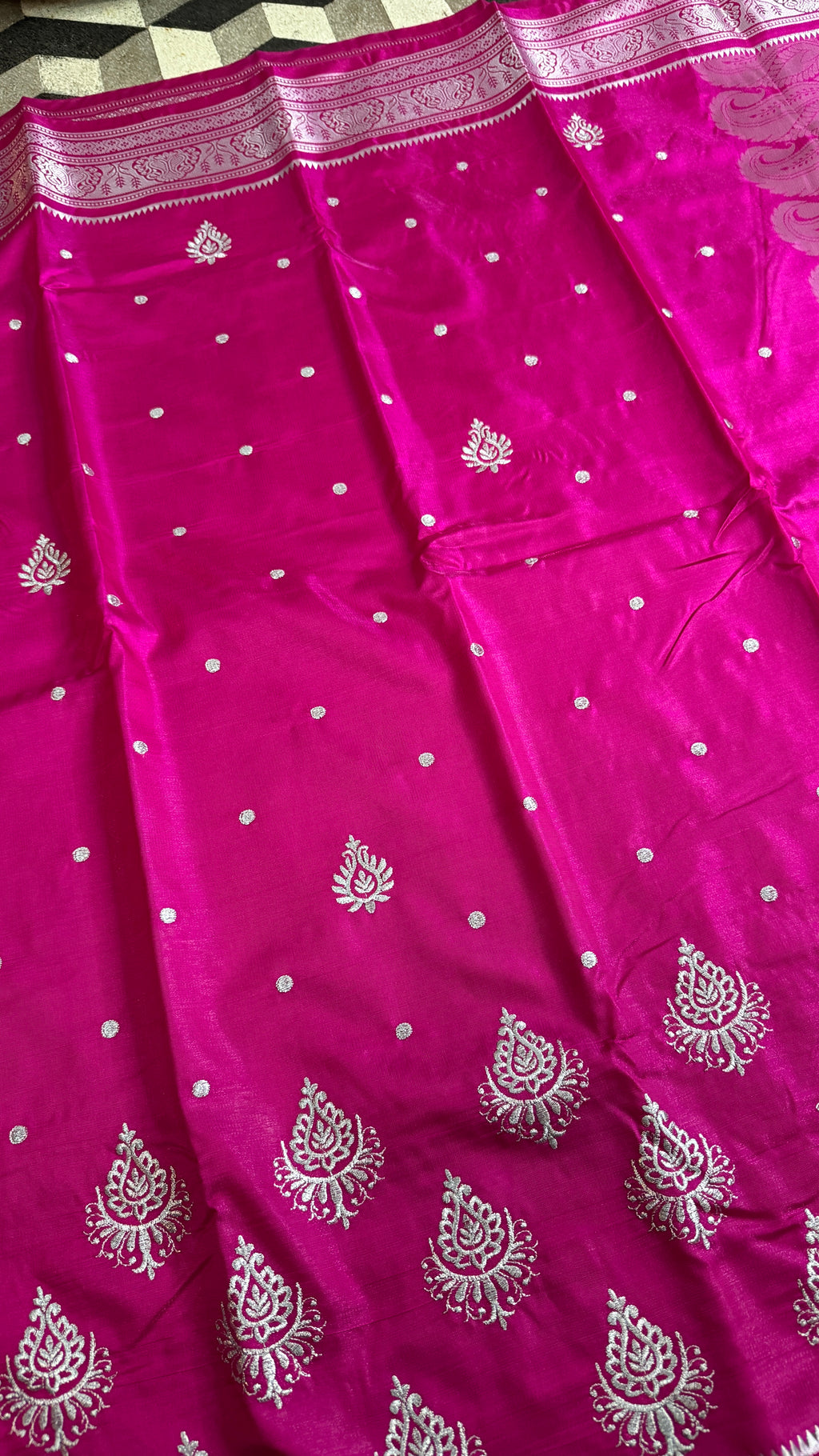 Magenta Pink Satin Silk Saree, Silver Zari Border, Festive Indian Wedding Wear
