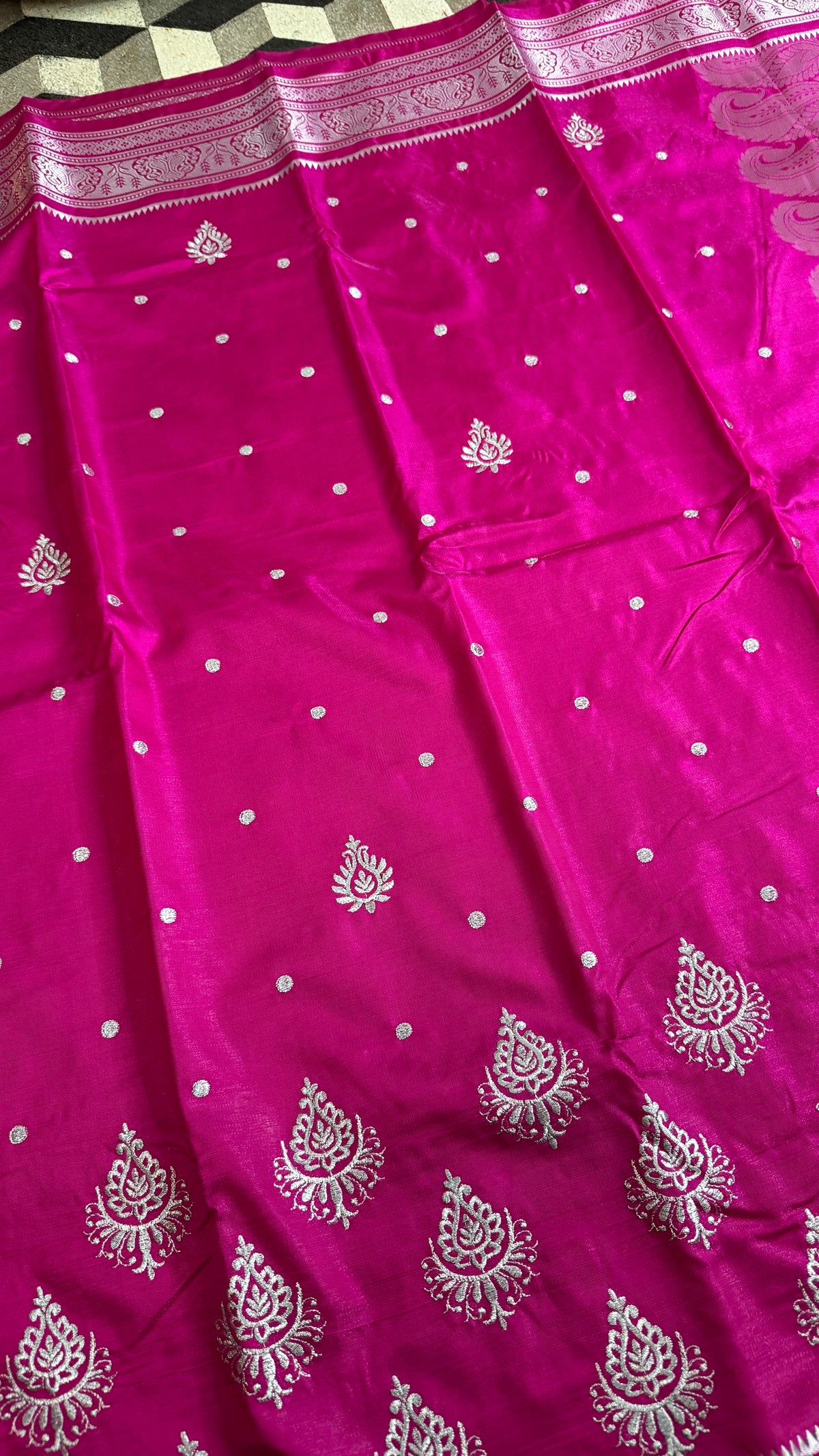 Magenta Pink Satin Silk Saree, Silver Zari Border, Festive Indian Wedding Wear