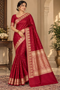 Red Banarasi Mashru Silk Saree, Gold Zari Woven, Traditional Indian Wedding Saree