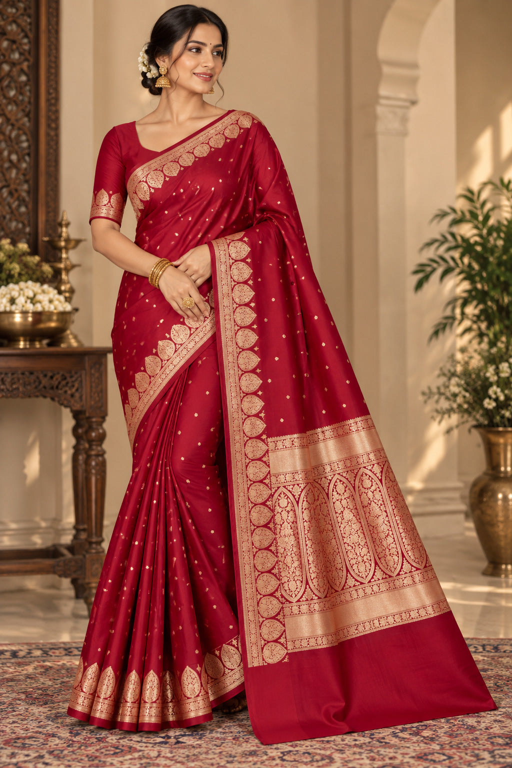 Red Banarasi Mashru Silk Saree, Gold Zari Woven, Traditional Indian Wedding Saree