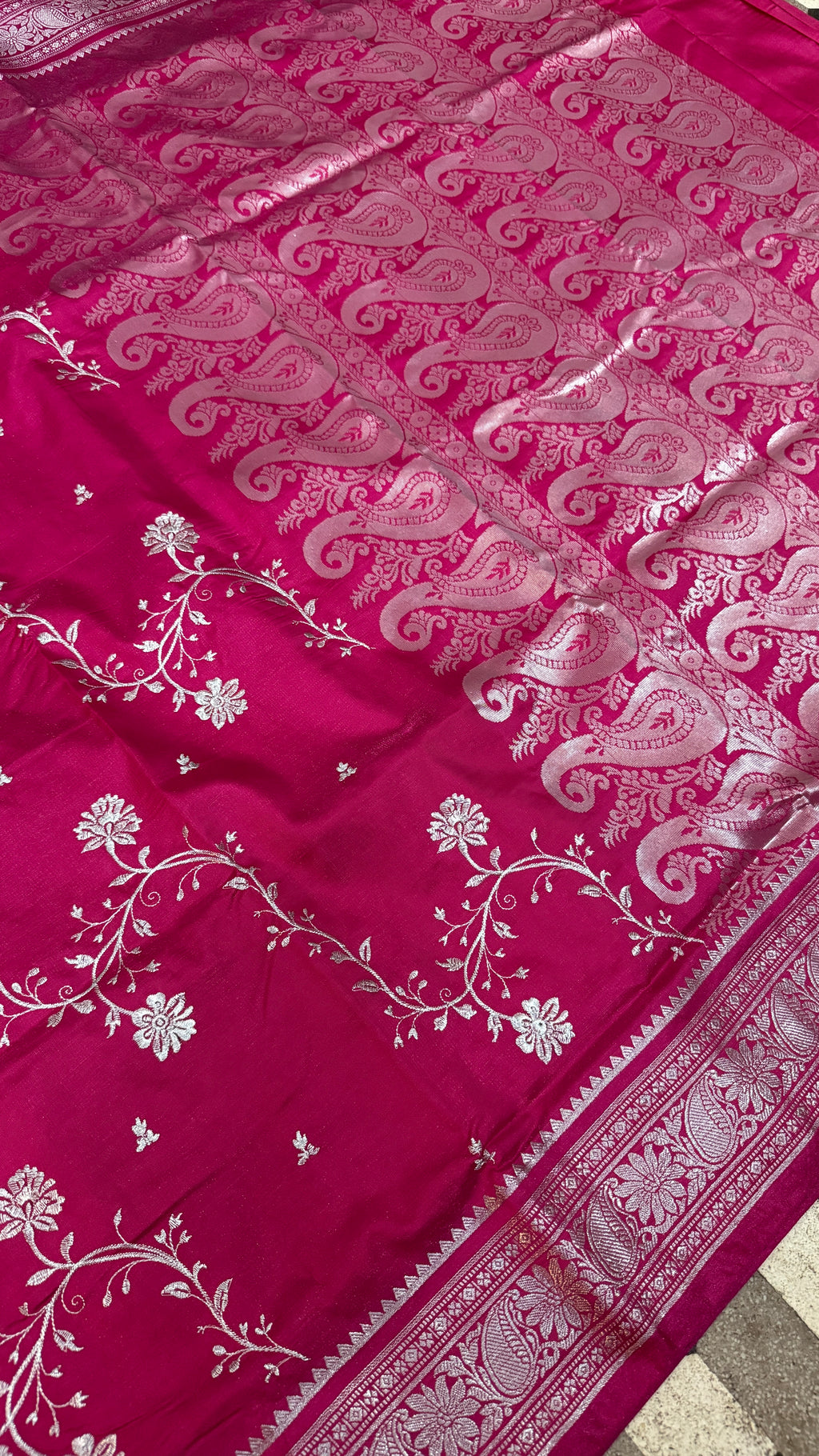 Magenta Satin Silk Saree, Floral Paisley Woven Design, Wedding Party Wear