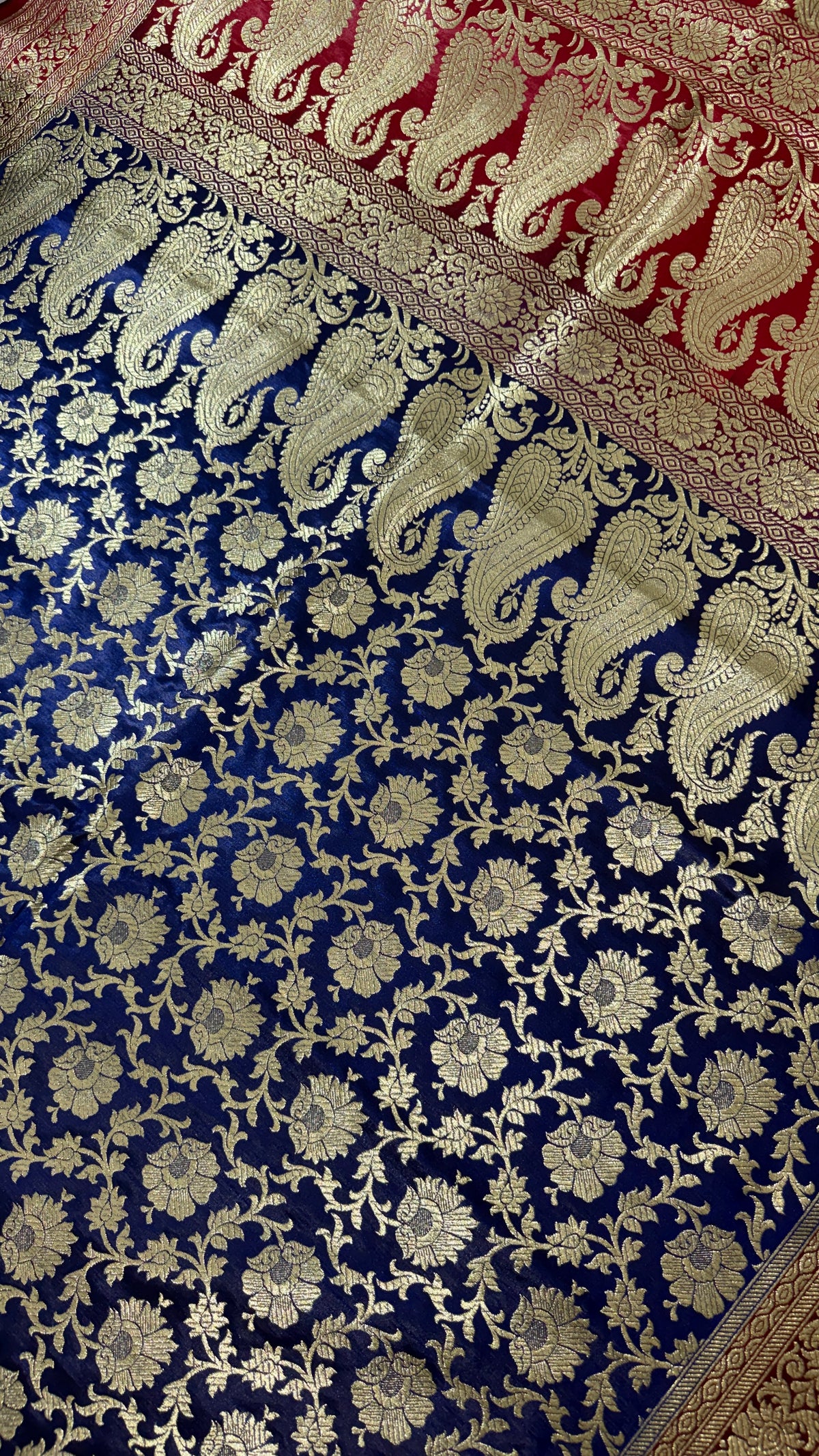 Royal Blue Red Banarasi Silk Saree, Gold Zari Floral Paisley (Wedding)