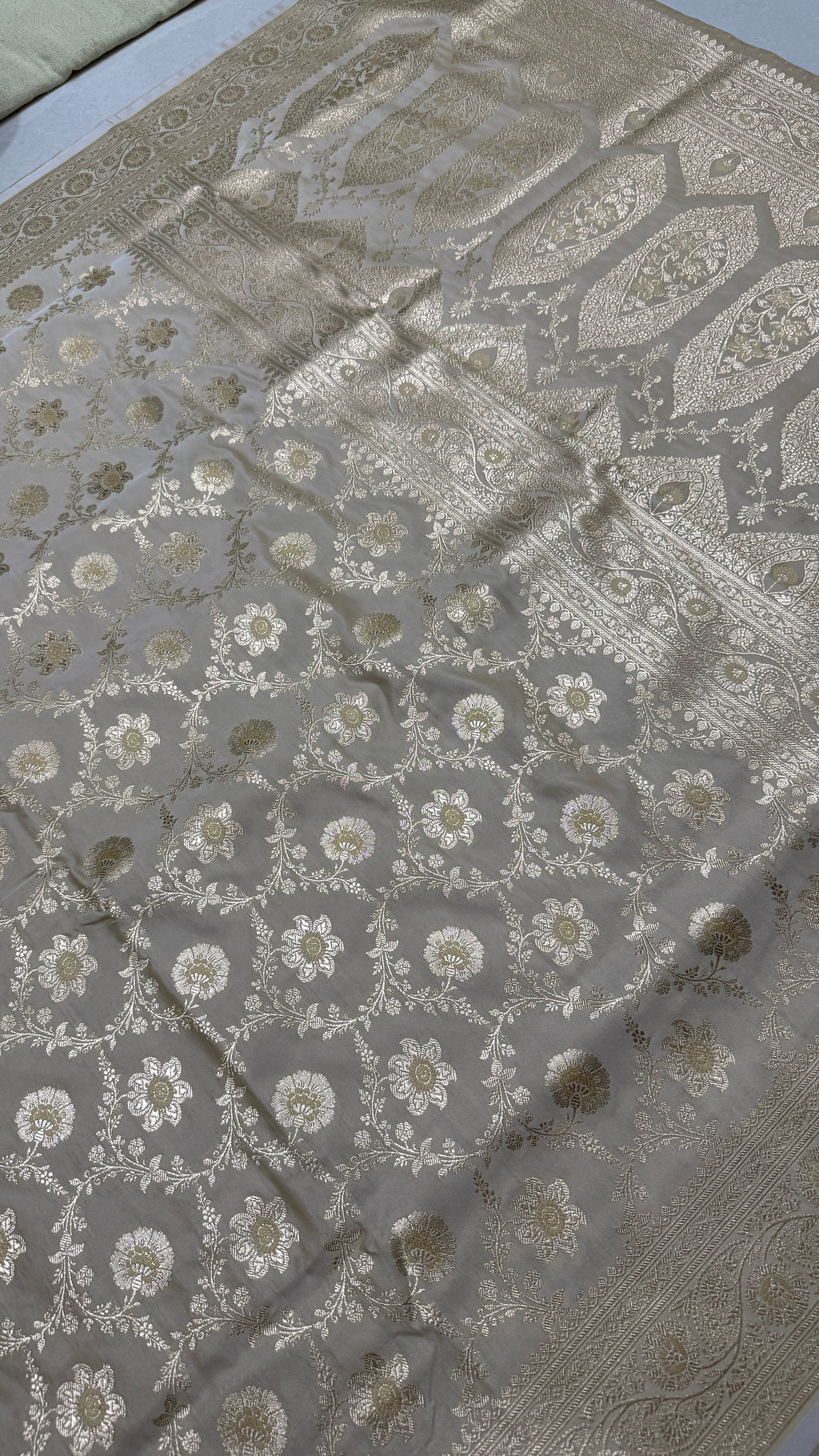 Pure Katan Silk Saree: Pearl Silver Floral Zari Woven Indian Wedding Festive Traditional Bridal