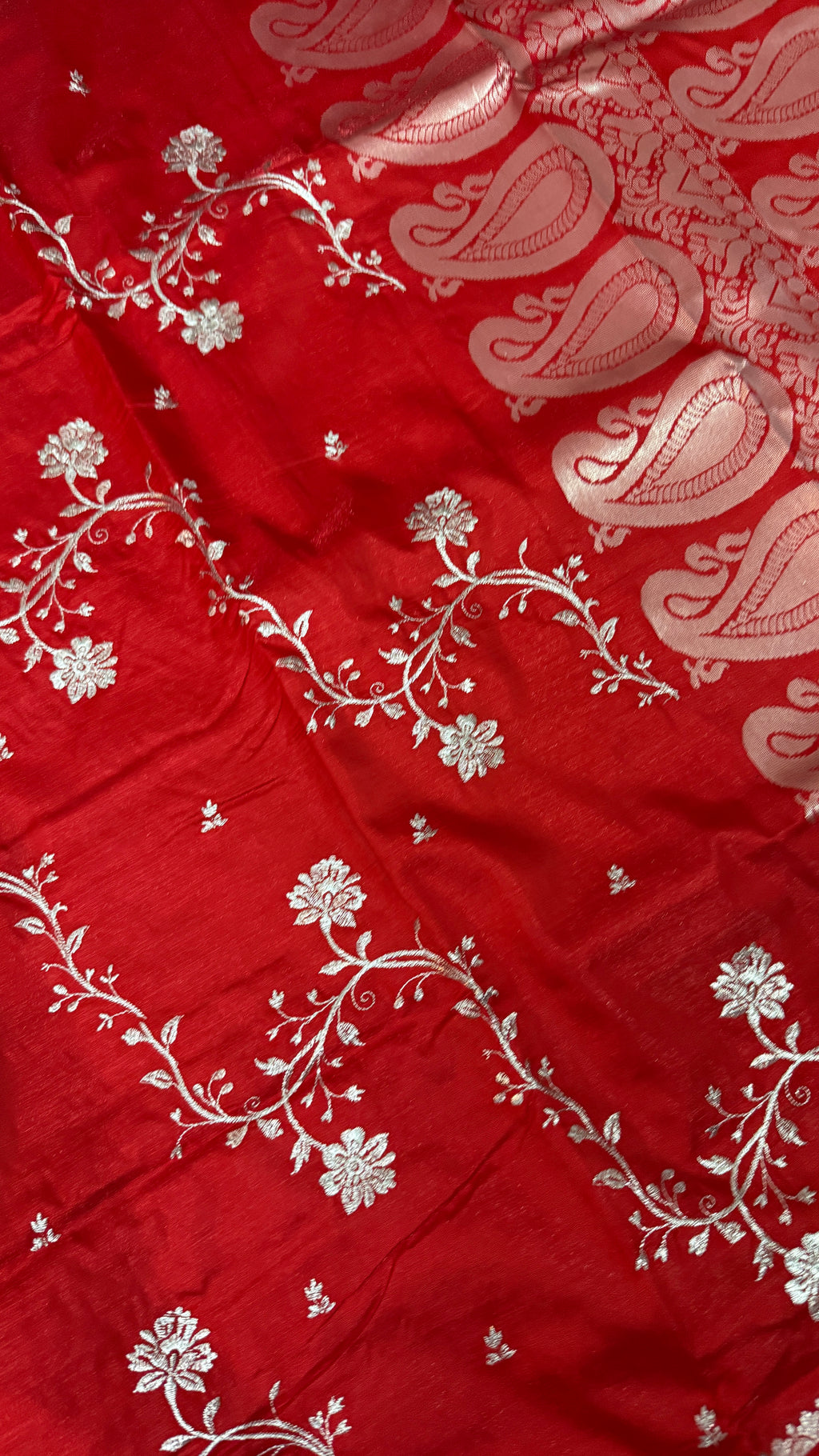 Red Satin Silk Saree, Floral Vine, Silver Border, Paisley Pallu (Wedding Wear)