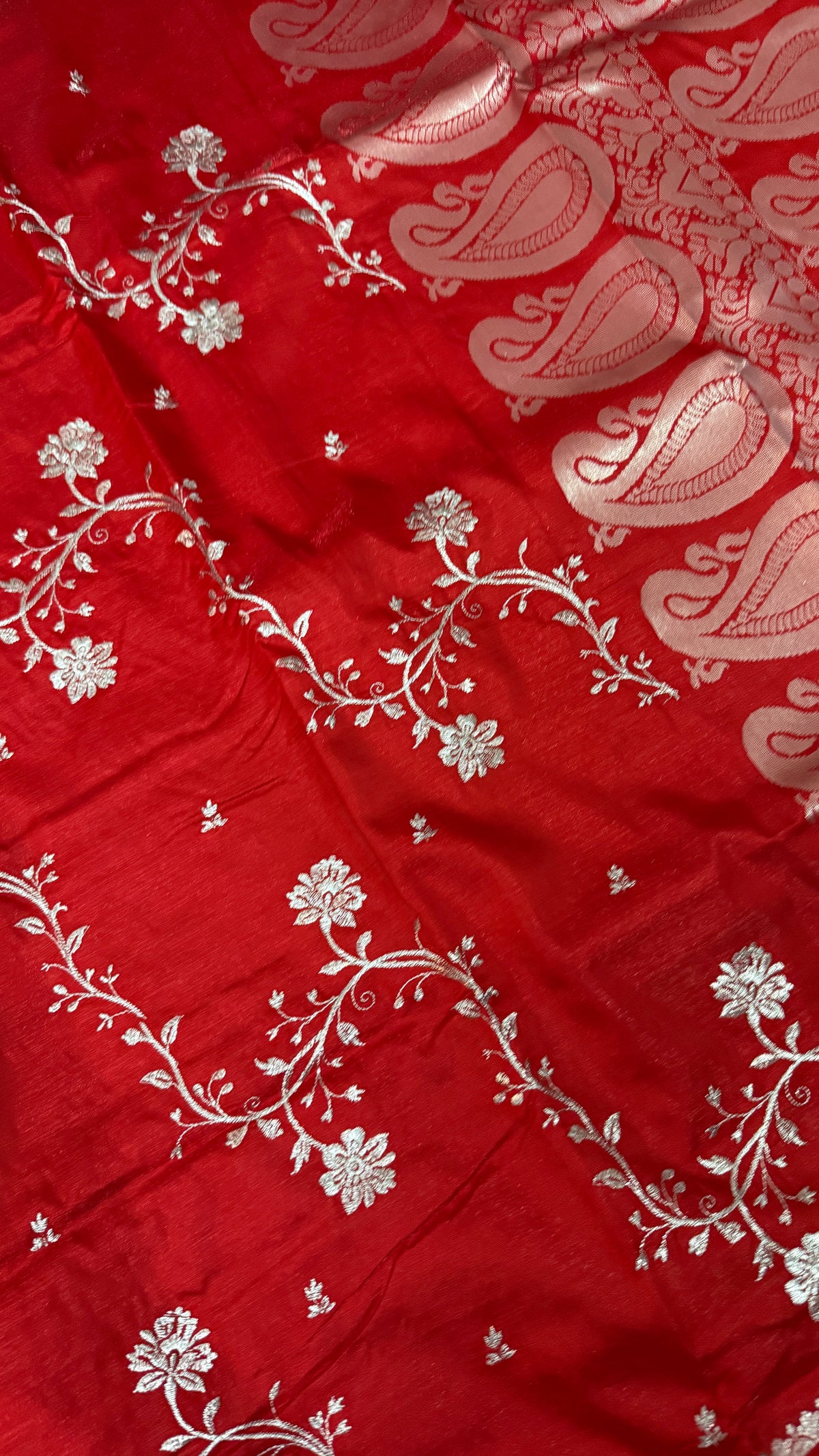 Red Satin Silk Saree, Floral Vine, Silver Border, Paisley Pallu (Wedding Wear)