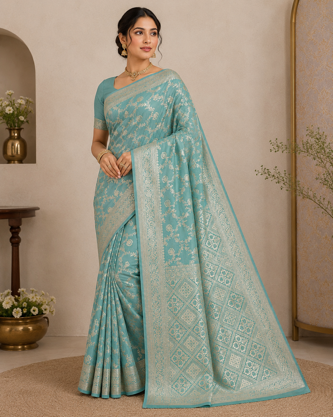 Pure Katan Silk Banarasi Saree, Aqua Blue Handwoven Silver Zari Wedding Saree