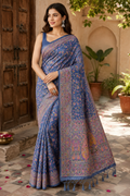Steel Blue Pashmina Silk Saree, Kashmiri Floral Woven, Paisley Border, Indian Festive Wear