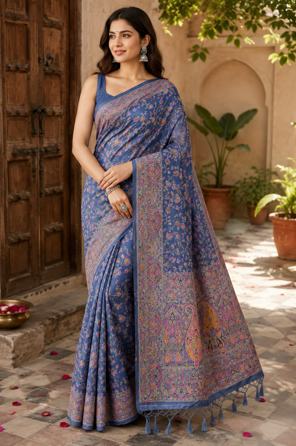Steel Blue Pashmina Silk Saree, Kashmiri Floral Woven, Paisley Border, Indian Festive Wear