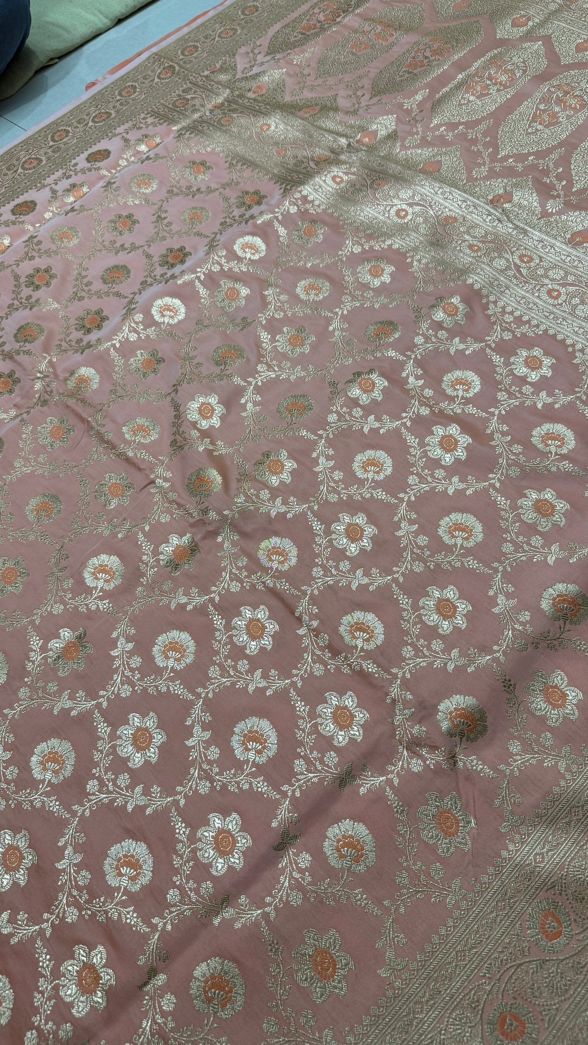 Pure Katan Silk Saree: Blush Pink Floral Zari Weave, Traditional Indian Bridal Gift