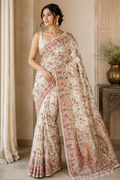 Pashmina Silk Saree | Cream Floral Printed Saree with Paisley Border | Indian Ethnic Wedding & Festive Wear