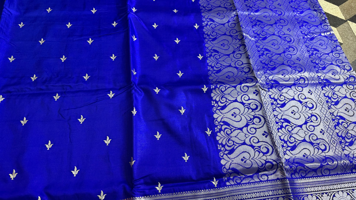 Royal Blue Satin Silk Saree, Silver Zari Border, Festive Ethnic Wear