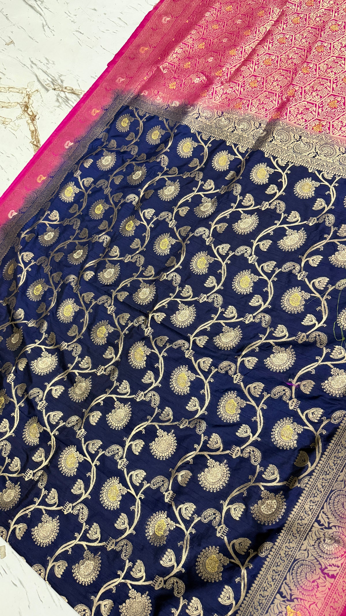 Navy Blue Dola Silk Saree, Banarasi Zari Woven, Pink Border, Floral Motifs, Festive Wear
