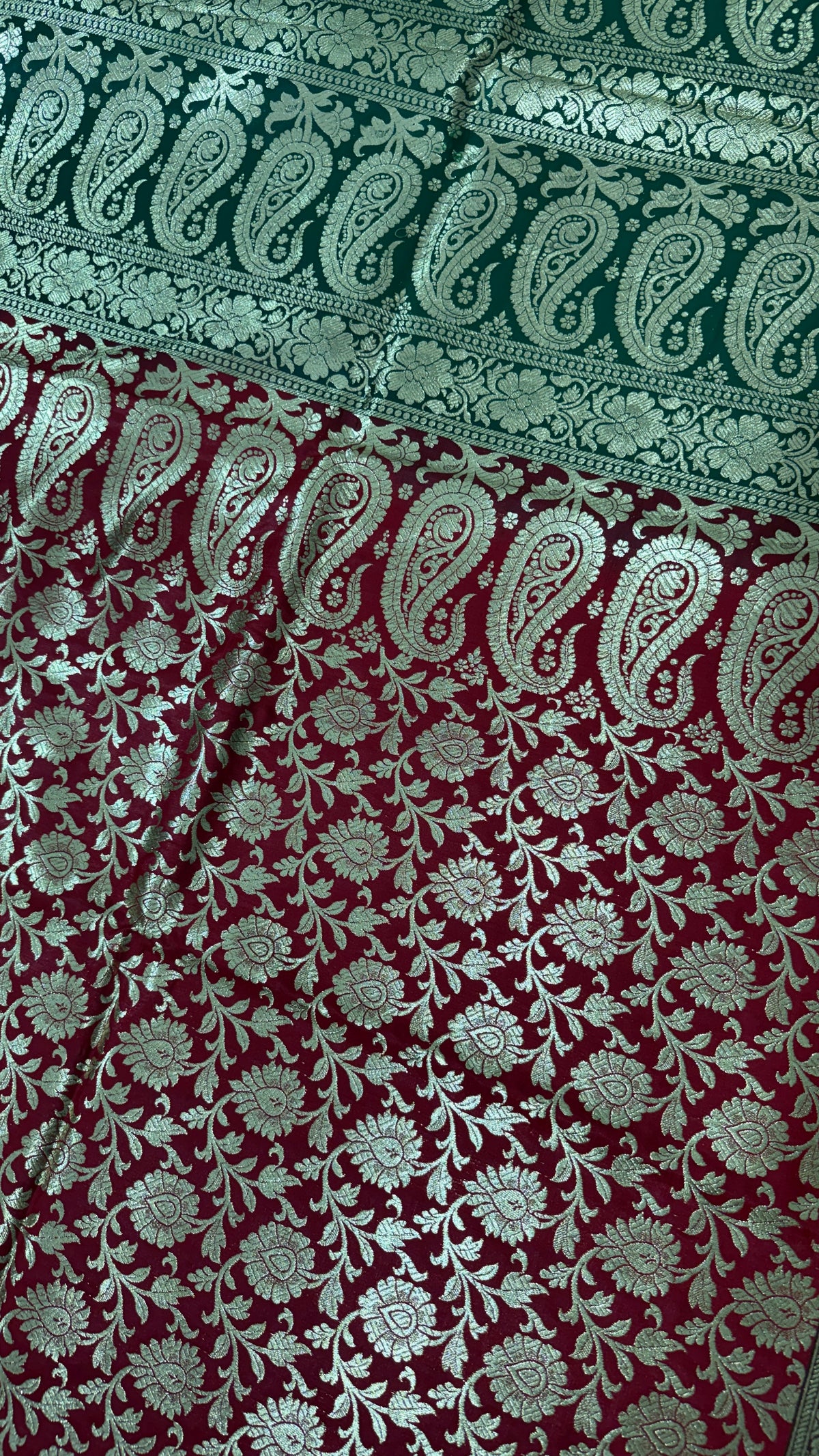 Maroon Green Banarasi Silk Saree, Gold Zari Floral Paisley Wedding Saree