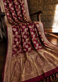 Maroon Banarasi Semi Katan Silk Saree, Golden Zari Floral, Wedding Festive Wear