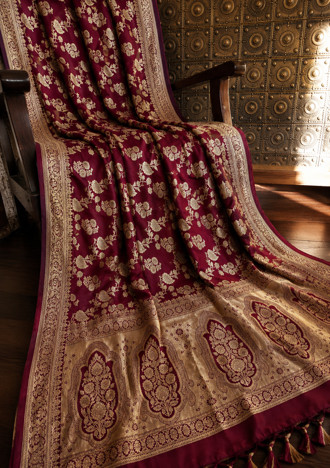 Maroon Banarasi Semi Katan Silk Saree, Golden Zari Floral, Wedding Festive Wear