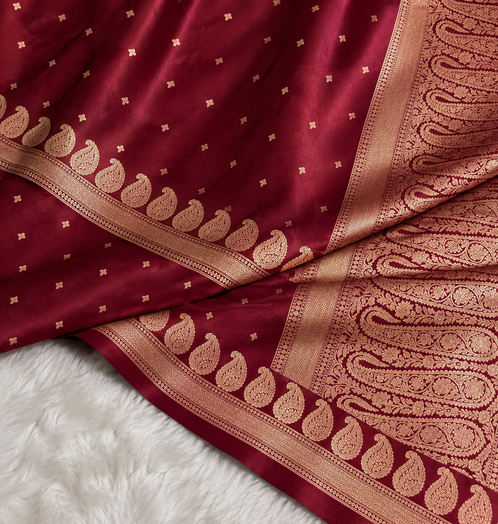 Maroon Banarasi Mashru Silk Saree, Gold Zari Woven, Traditional Wedding Saree