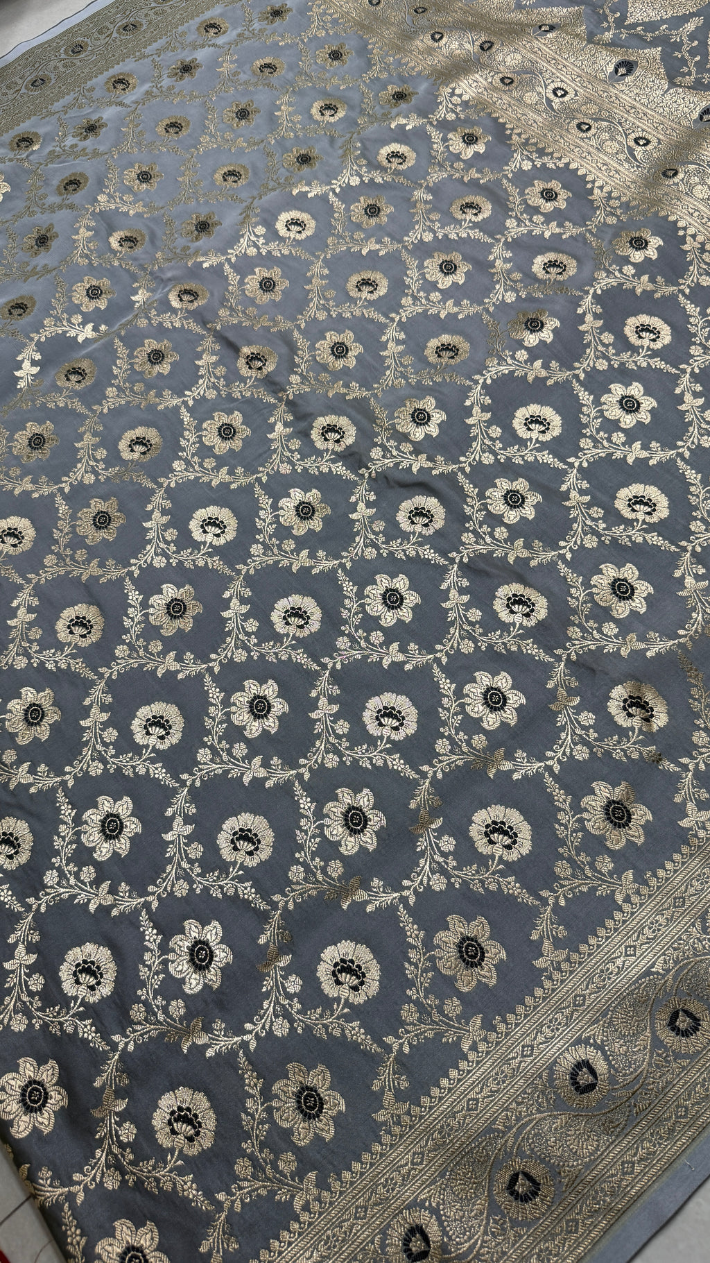 Pure Katan Silk Saree, Slate Grey Banarasi, Gold Zari Floral Weave, Wedding Ethnic Wear