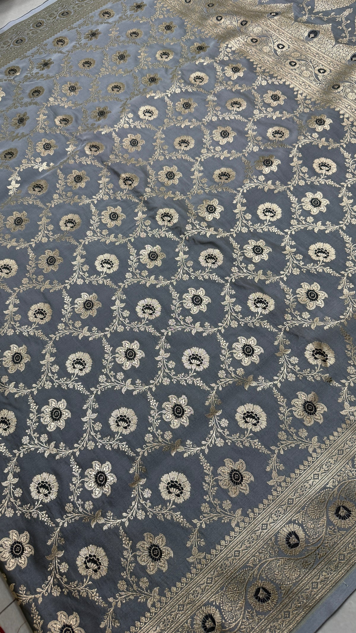 Pure Katan Silk Saree, Slate Grey Banarasi, Gold Zari Floral Weave, Wedding Ethnic Wear