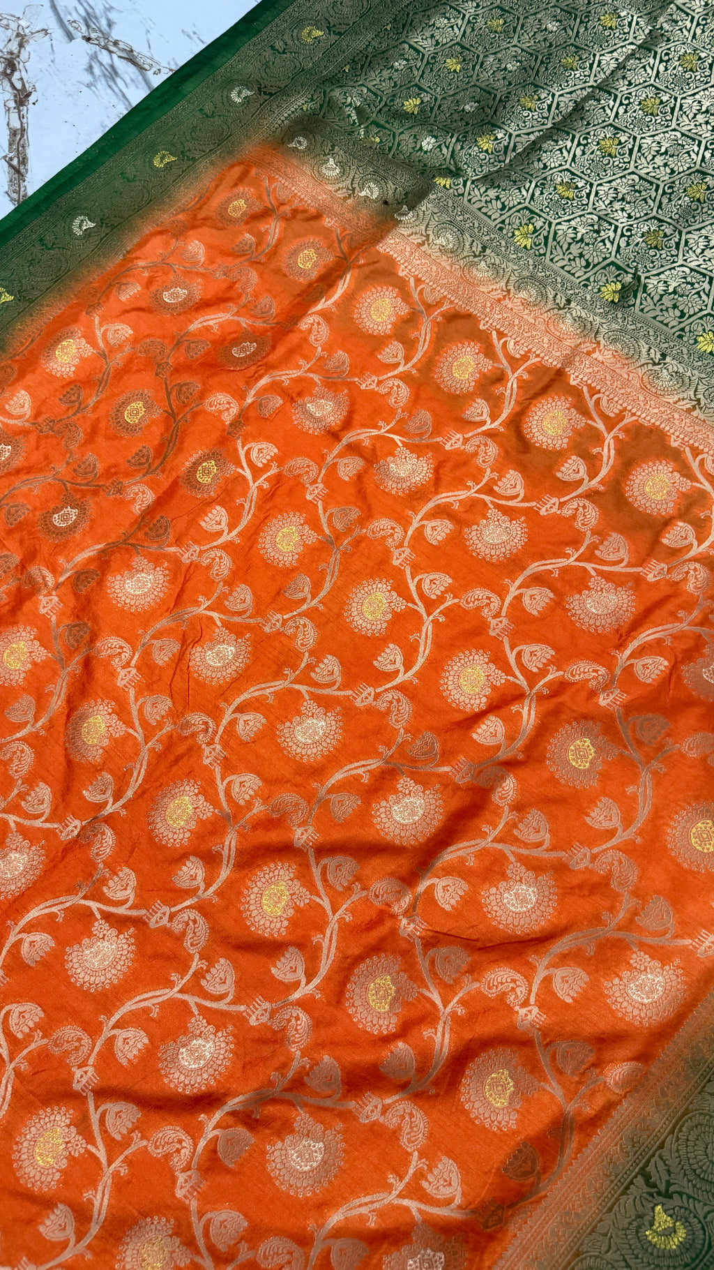 Orange Dola Silk Saree, Banarasi Zari Woven Floral Motifs, Festive Wedding Wear