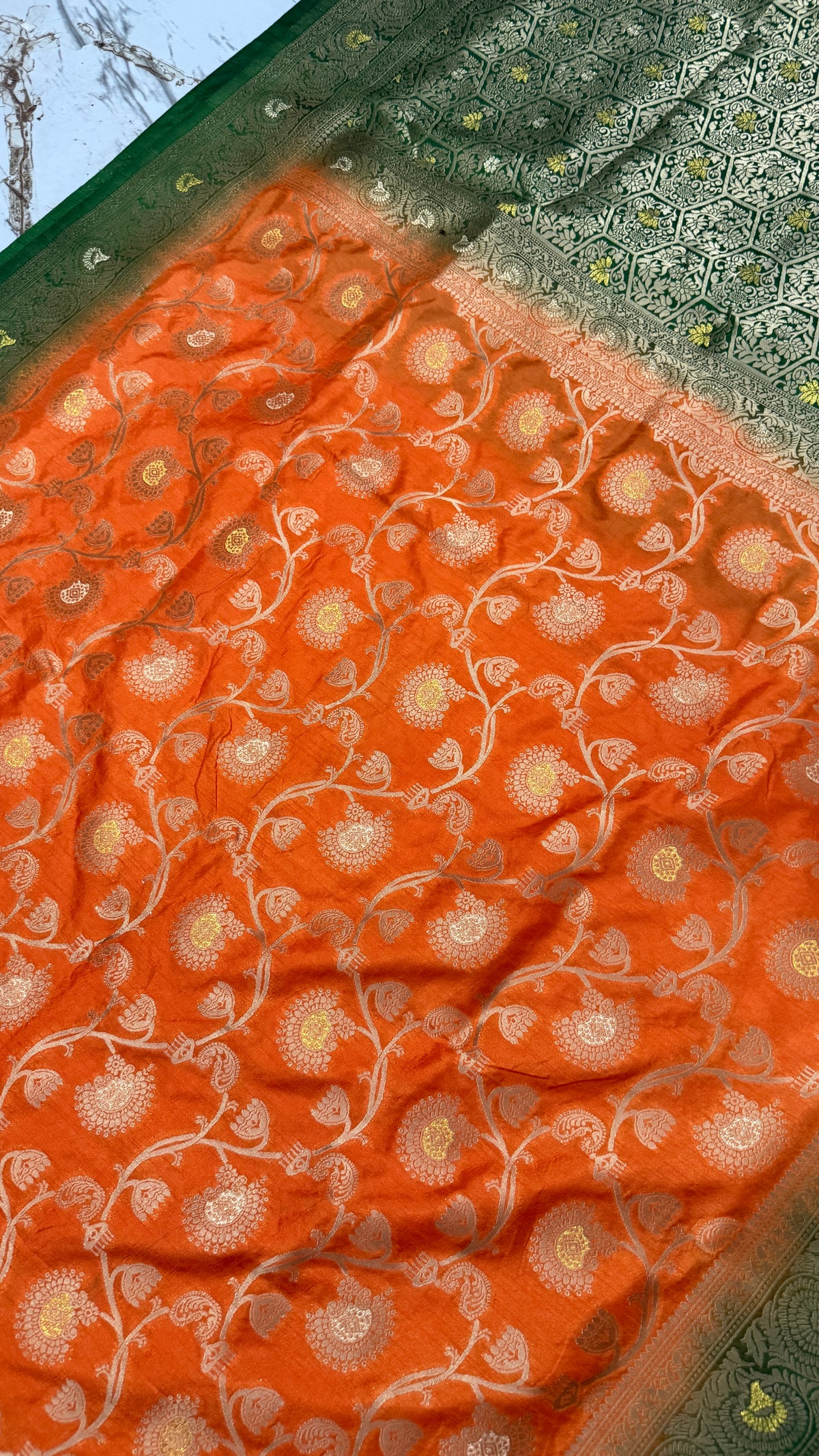Orange Dola Silk Saree, Banarasi Zari Woven Floral Motifs, Festive Wedding Wear