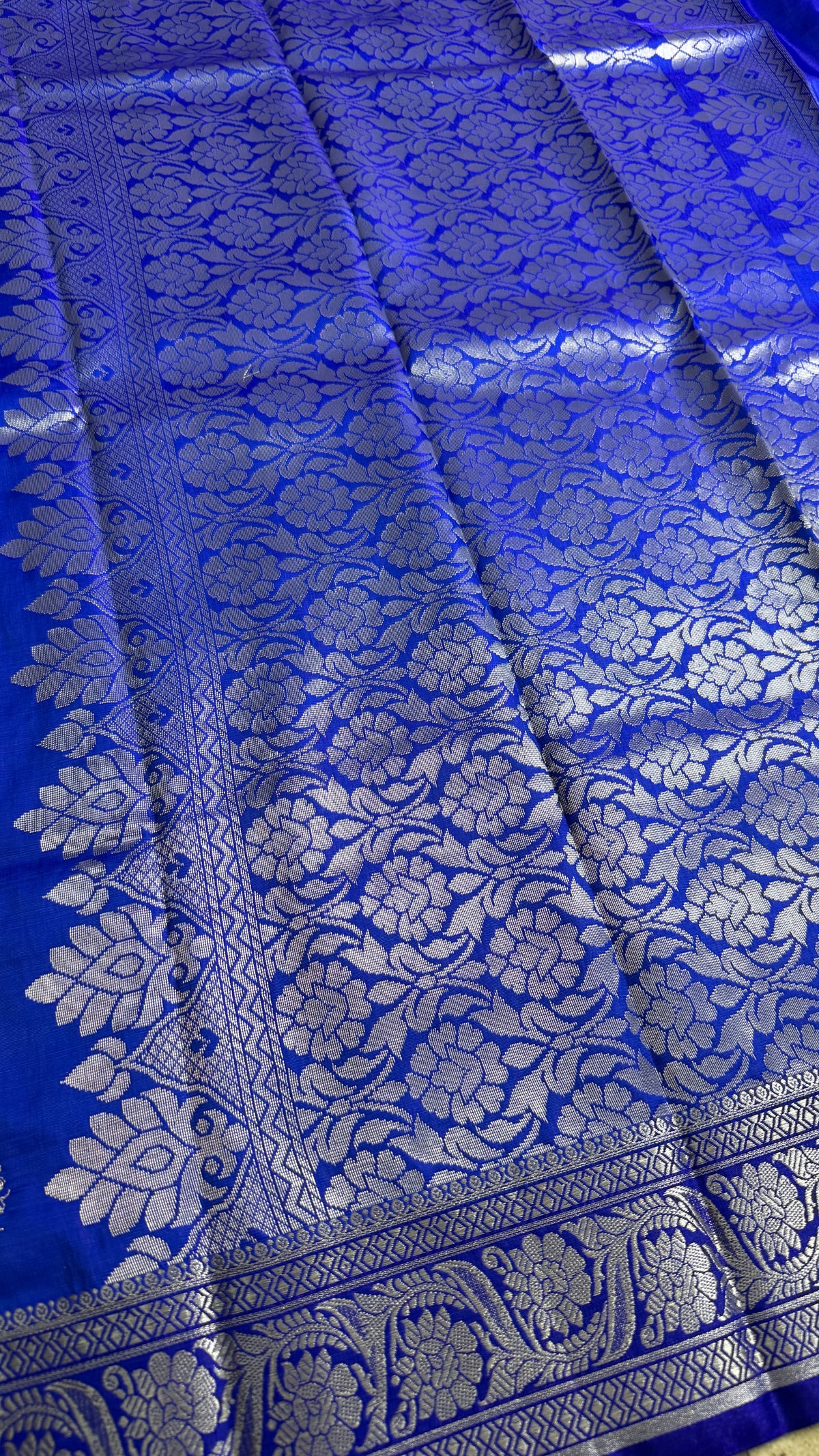 Royal Blue Satin Silk Saree, Silver Zari Border, Festive Indian Wedding Wear