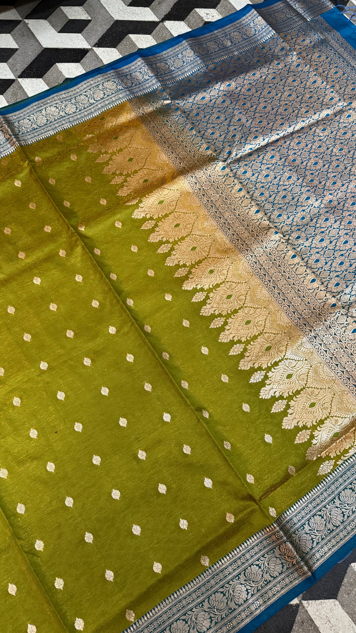 Olive Green Banarasi Silk Saree, Blue Zari Woven Border, Traditional Indian Wedding Wear