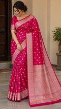 Emerald Green Banarasi Silk Saree, Rose Gold Zari Woven Border, Indian Wedding Festive Wear (Copy)