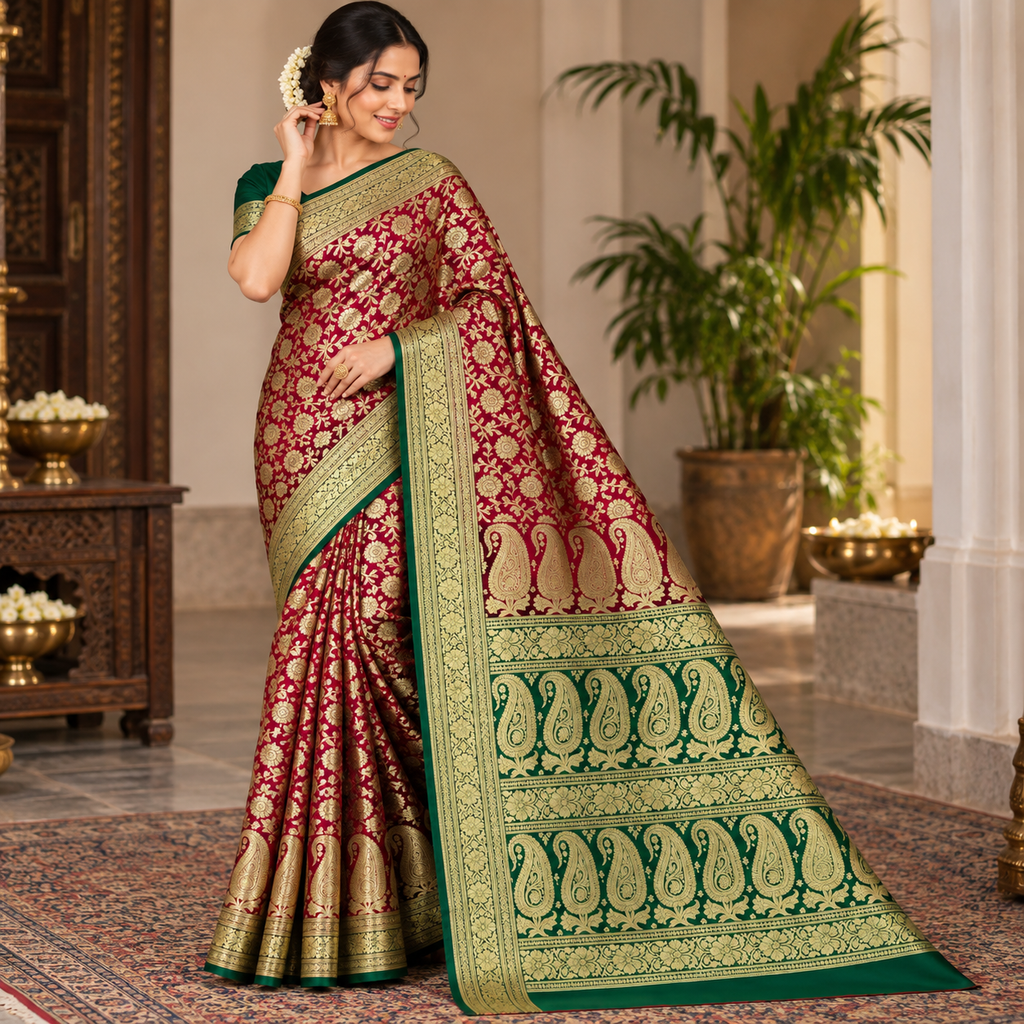 Maroon Green Banarasi Silk Saree, Gold Zari Floral Paisley Wedding Saree
