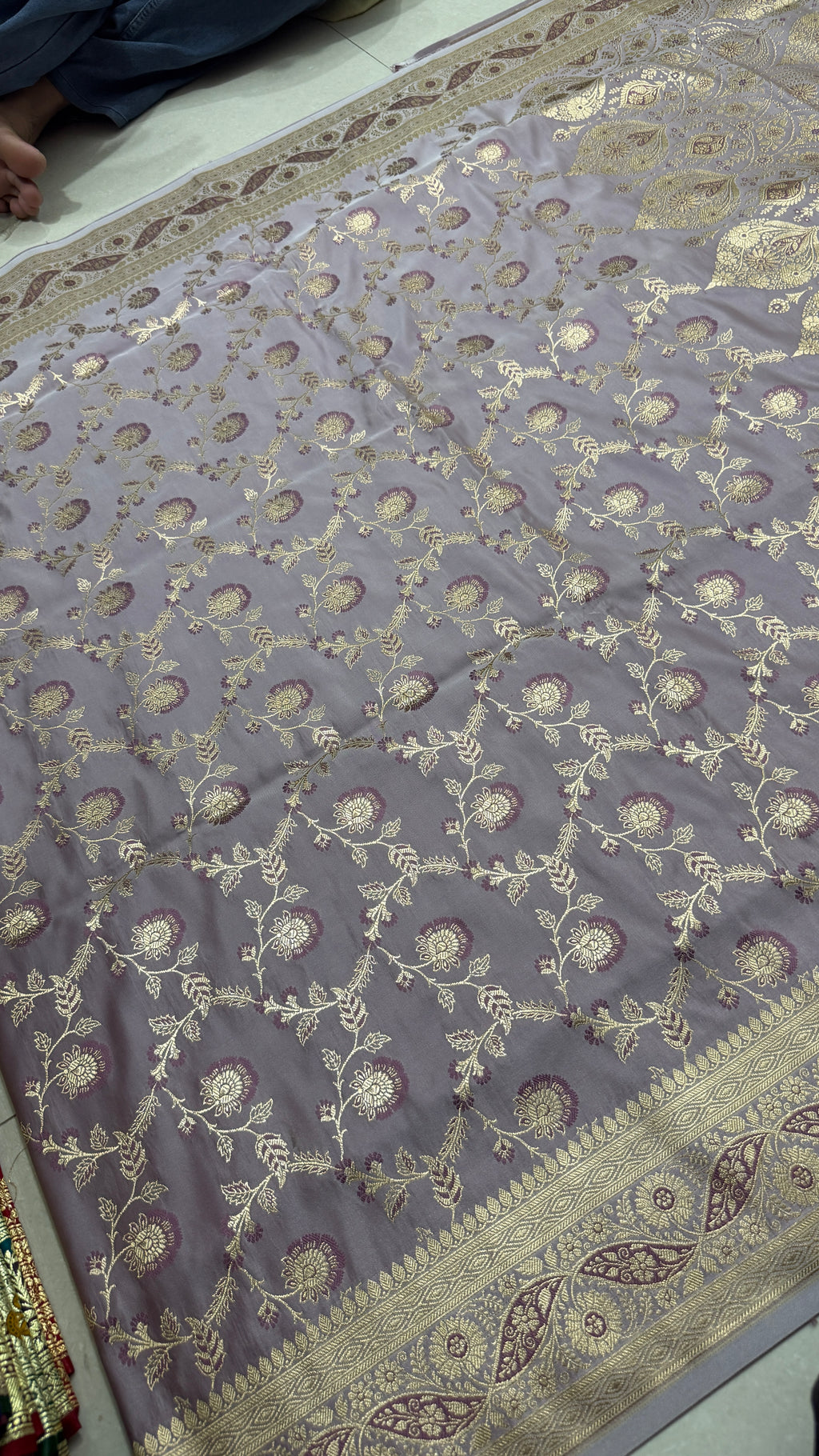 Pure Katan Silk Saree, Lavender Grey, Gold Zari Floral Weave, Indian Wedding Ethnic Wear