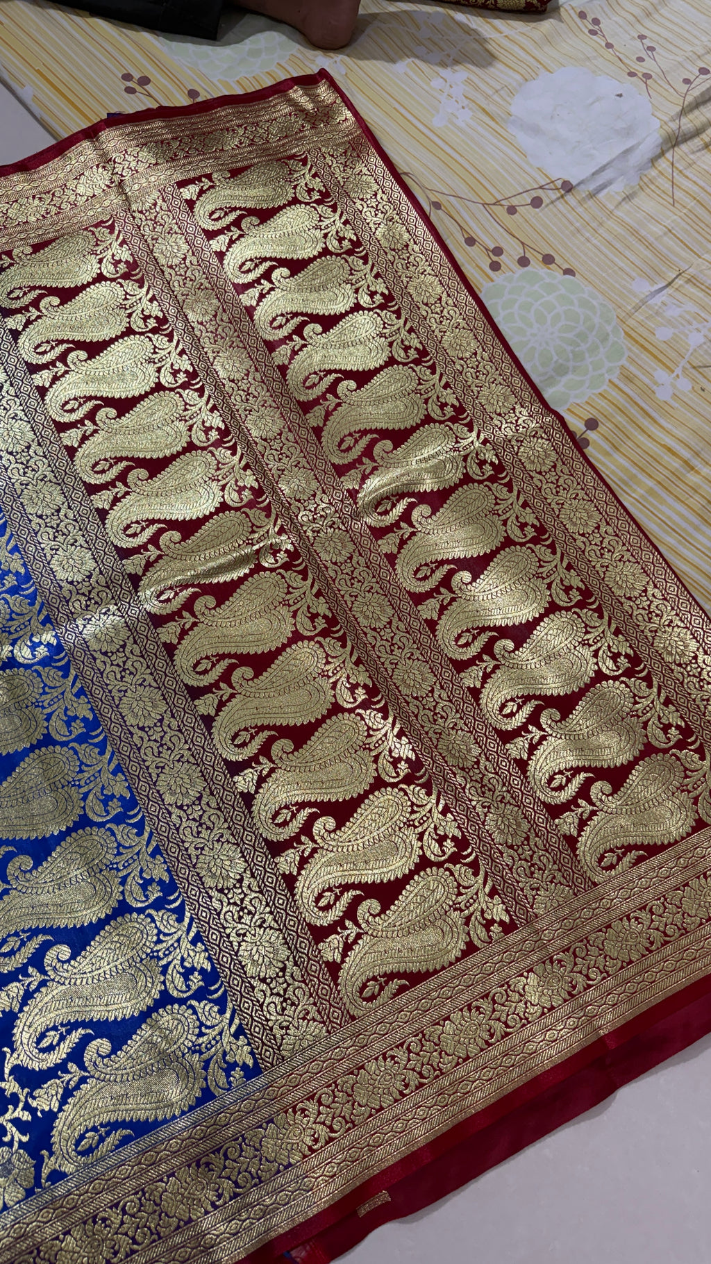 Royal Blue Maroon Banarasi Silk Saree, Gold Zari Floral Paisley (Wedding)