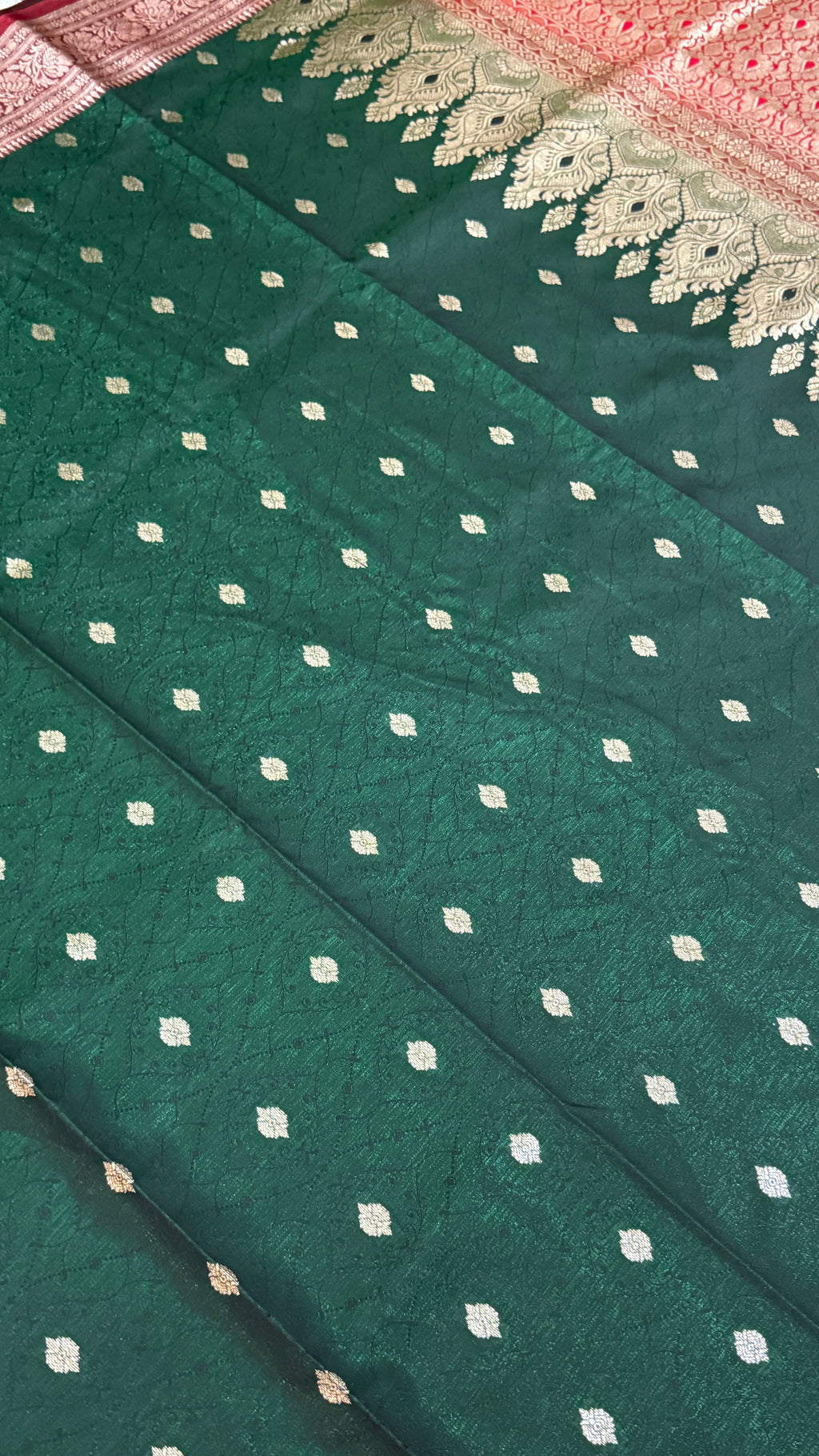 Emerald Green Banarasi Silk Saree, Rose Gold Zari Woven Border, Indian Wedding Festive Wear