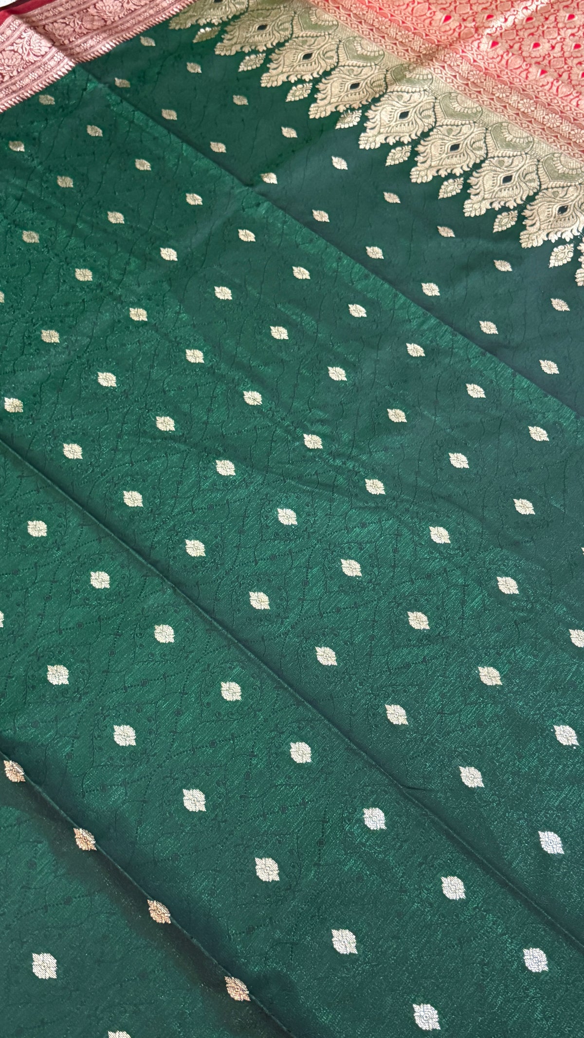 Emerald Green Banarasi Silk Saree, Rose Gold Zari Woven Border, Indian Wedding Festive Wear
