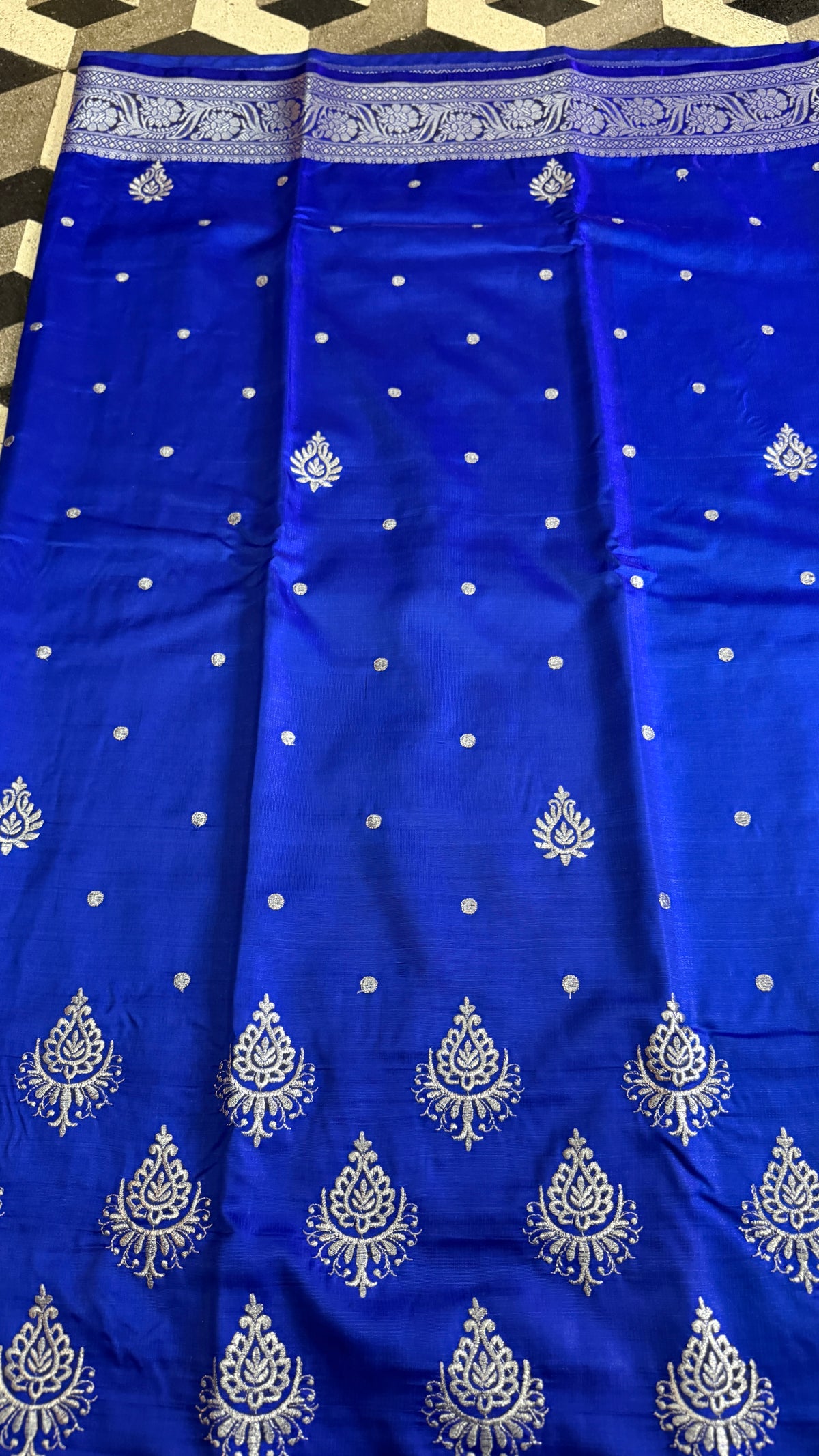 Royal Blue Satin Silk Saree, Silver Zari Border, Festive Indian Wedding Wear
