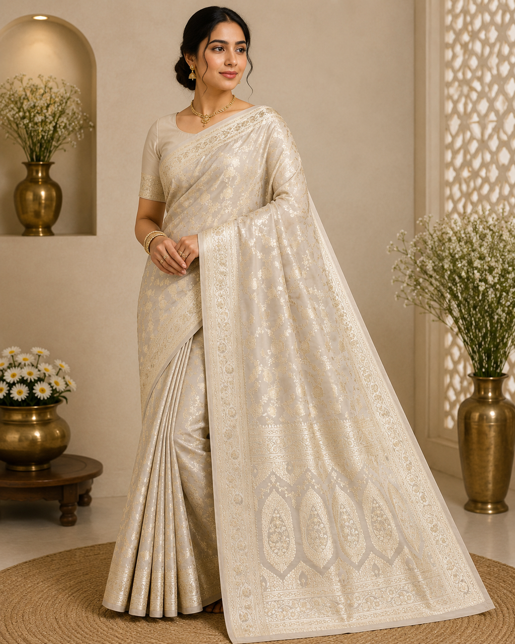 Pure Katan Silk Saree: Ivory White Zari Woven Traditional Indian Wedding Bridal Gift