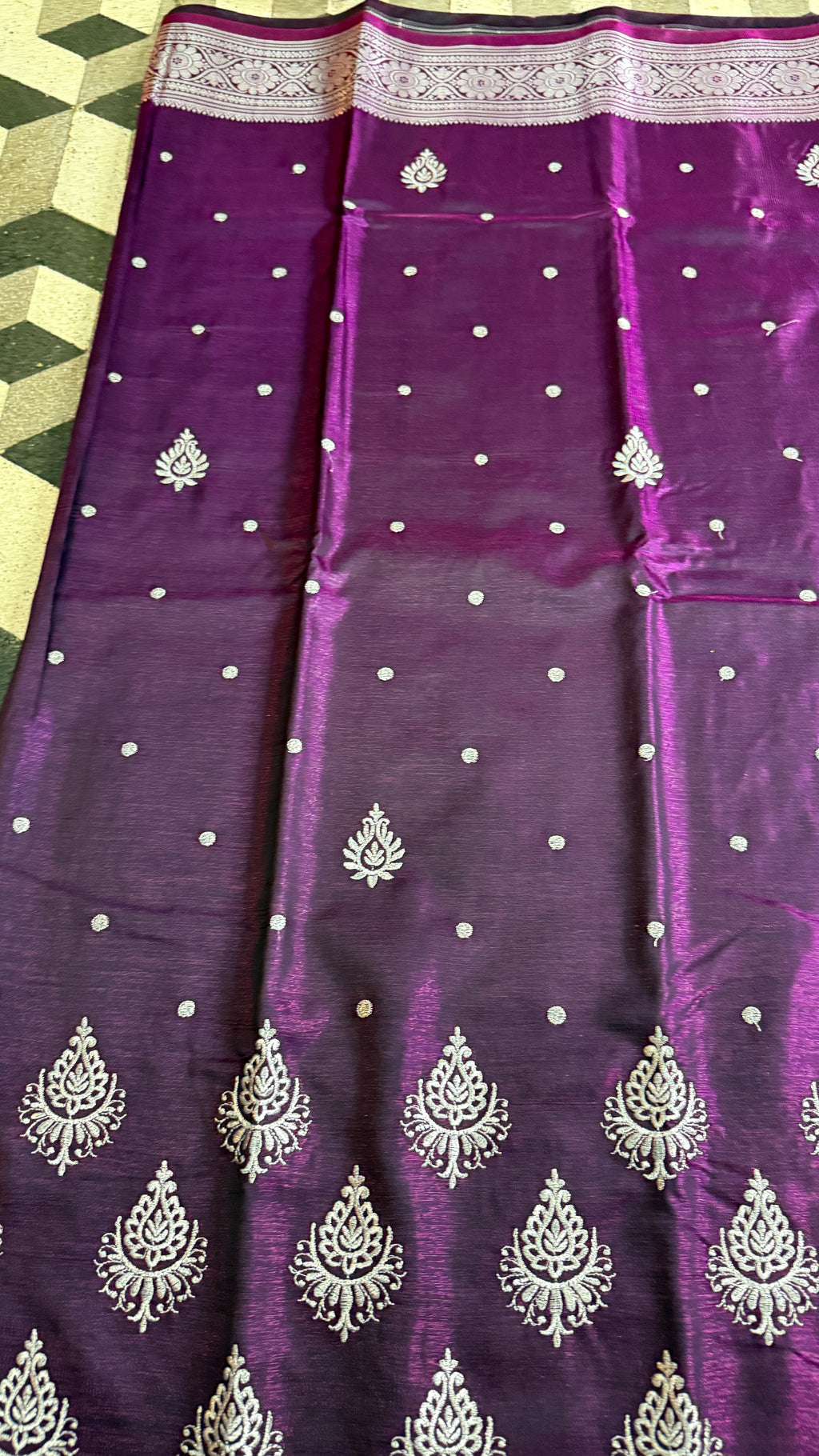 Deep Purple Satin Silk Saree, Silver Zari Border, Festive Indian Wedding Wear