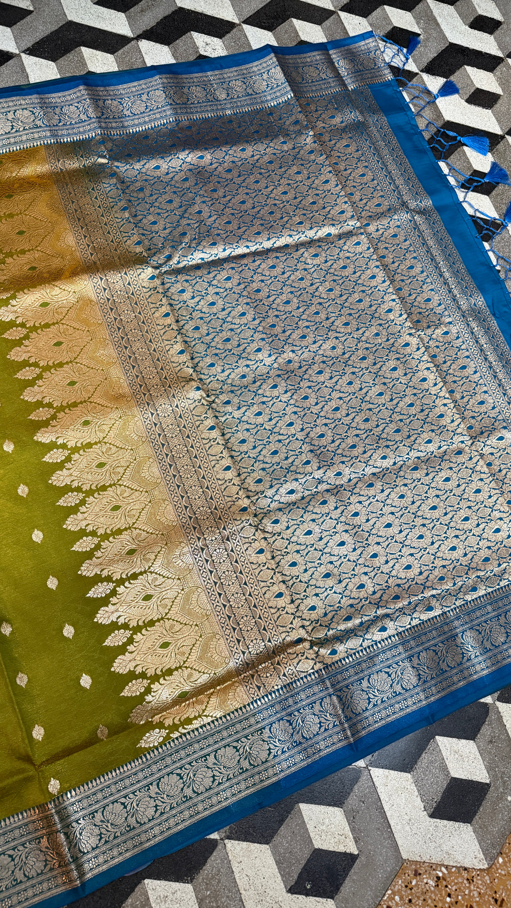 Olive Green Banarasi Silk Saree, Blue Zari Woven Border, Traditional Indian Wedding Wear