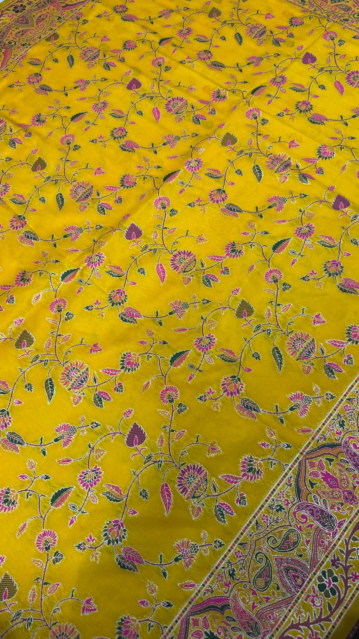 Mustard Yellow Pashmina Silk Saree, Kashmiri Floral Woven Paisley Border, Indian Festive Wear
