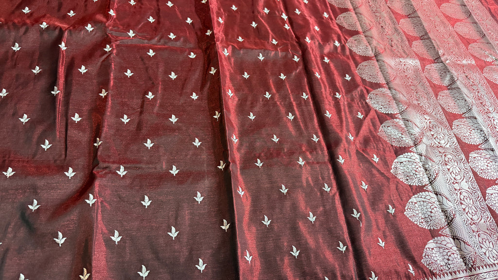 Maroon Satin Silk Saree with Silver Butti & Traditional Woven Border | Elegant Indian Saree