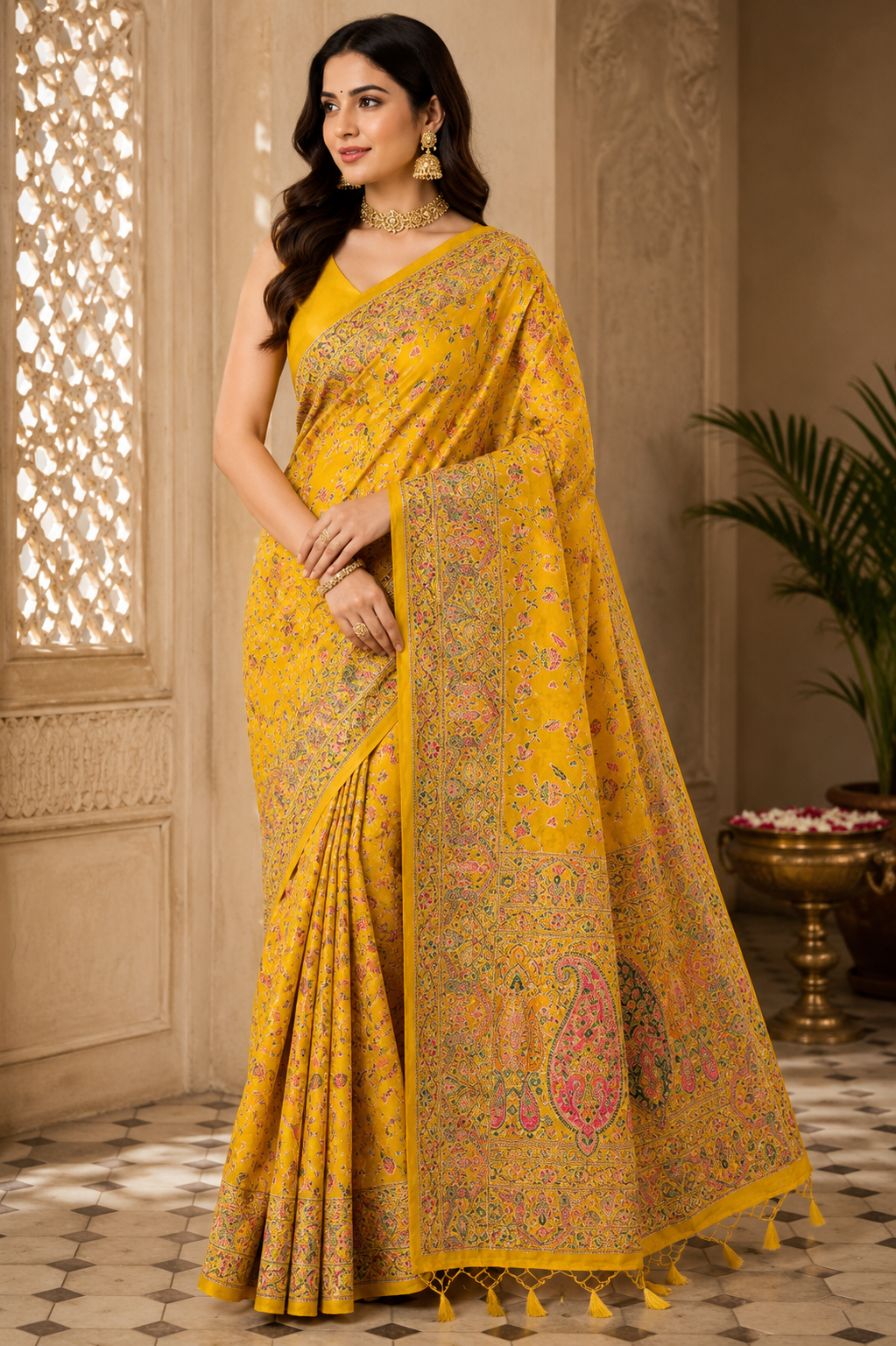 Mustard Yellow Pashmina Silk Saree, Kashmiri Floral Woven Paisley Border, Indian Festive Wear