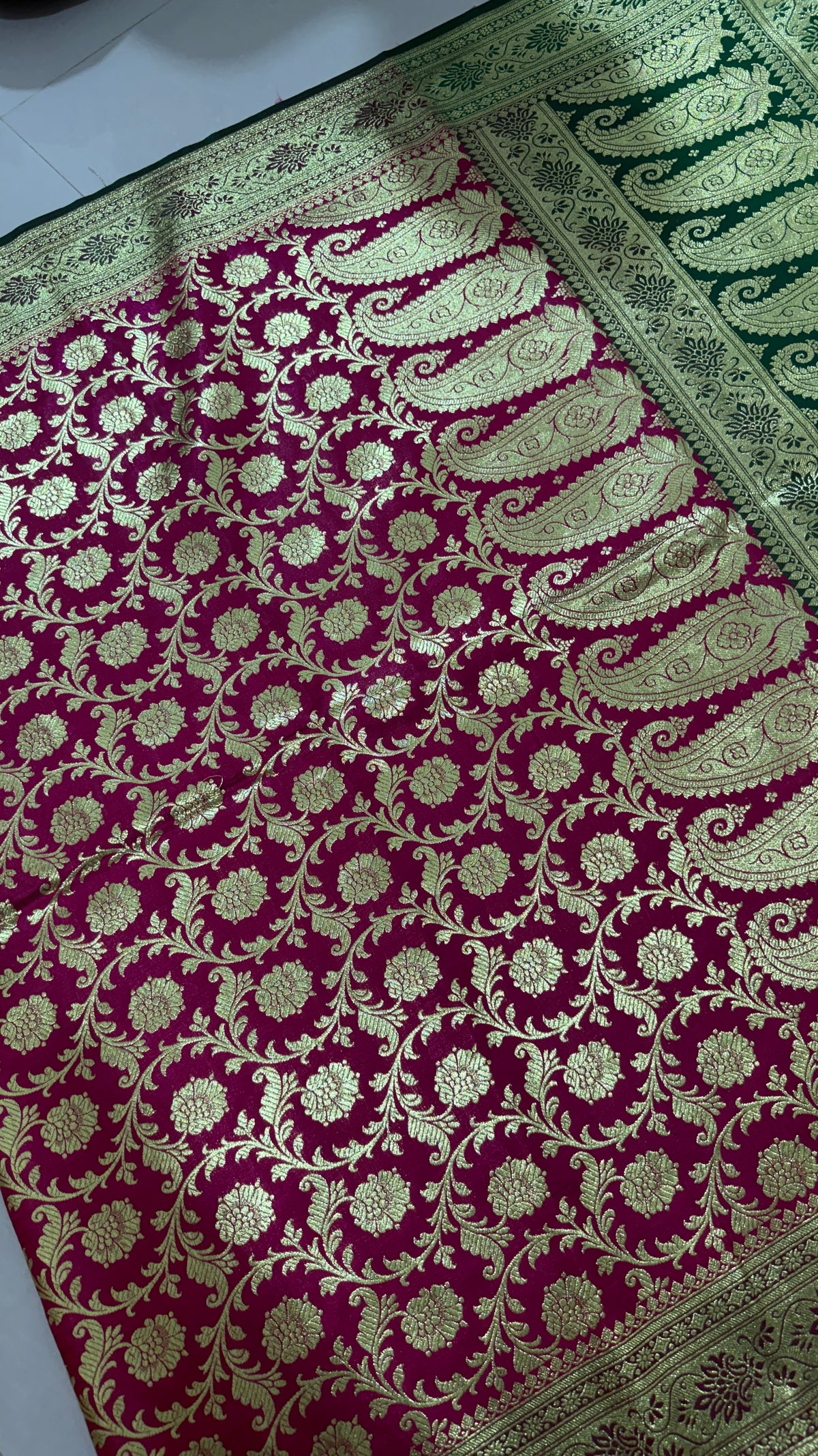 Magenta Green Banarasi Silk Saree, Gold Zari Floral Paisley Wedding Saree