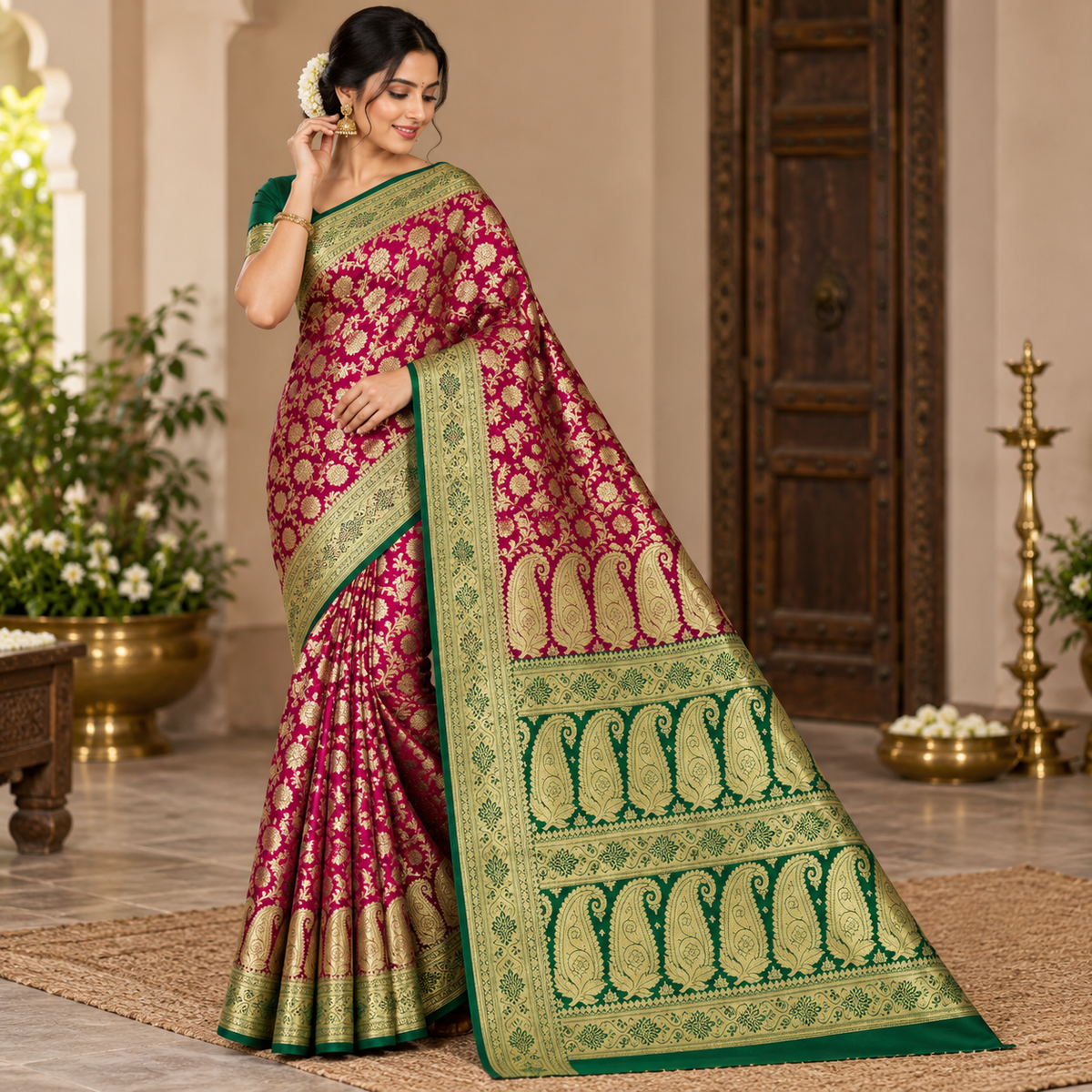 Magenta Green Banarasi Silk Saree, Gold Zari Floral Paisley Wedding Saree