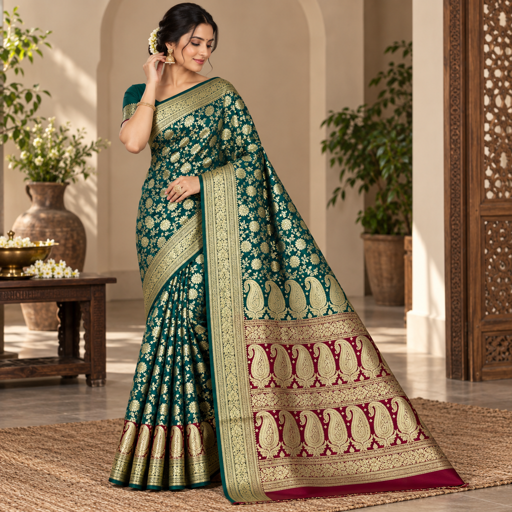 Emerald Green, Red Pallu, Gold Zari Banarasi Silk Saree (Wedding, Festive)
