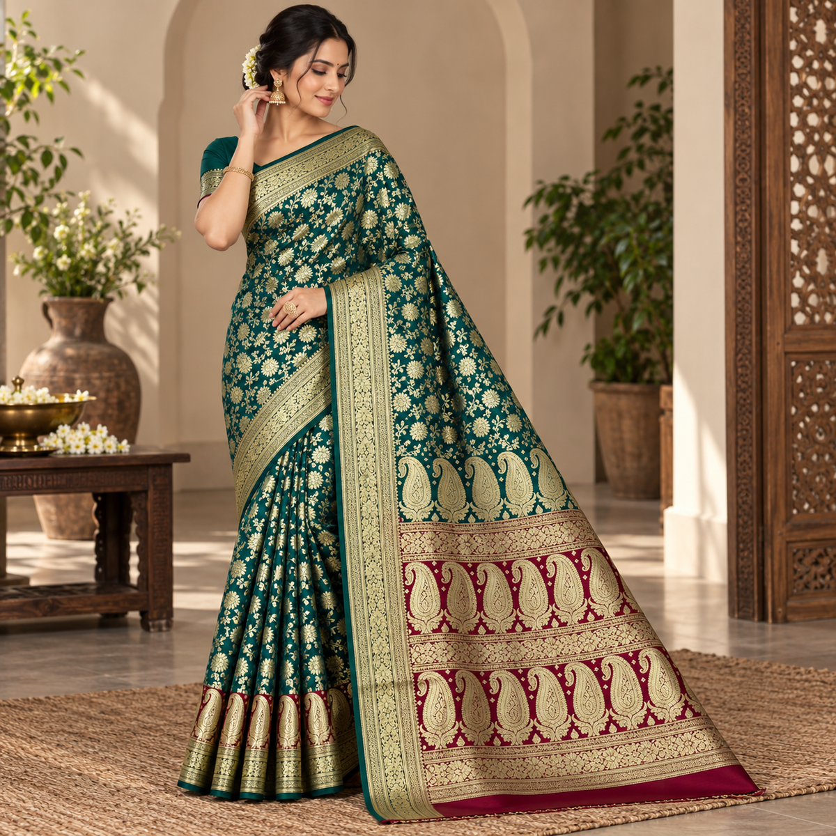 Emerald Green, Red Pallu, Gold Zari Banarasi Silk Saree (Wedding, Festive)