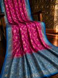 Fuchsia Pink Dola Silk Saree, Banarasi Zari Woven Border, Floral Motifs, Festive Wear