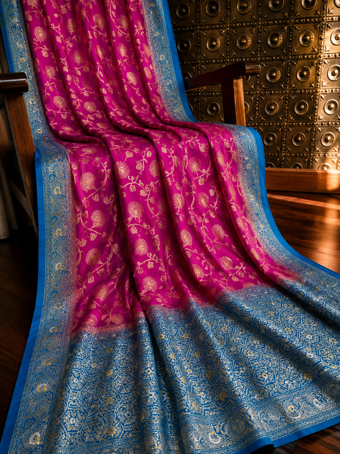 Fuchsia Pink Dola Silk Saree, Banarasi Zari Woven Border, Floral Motifs, Festive Wear